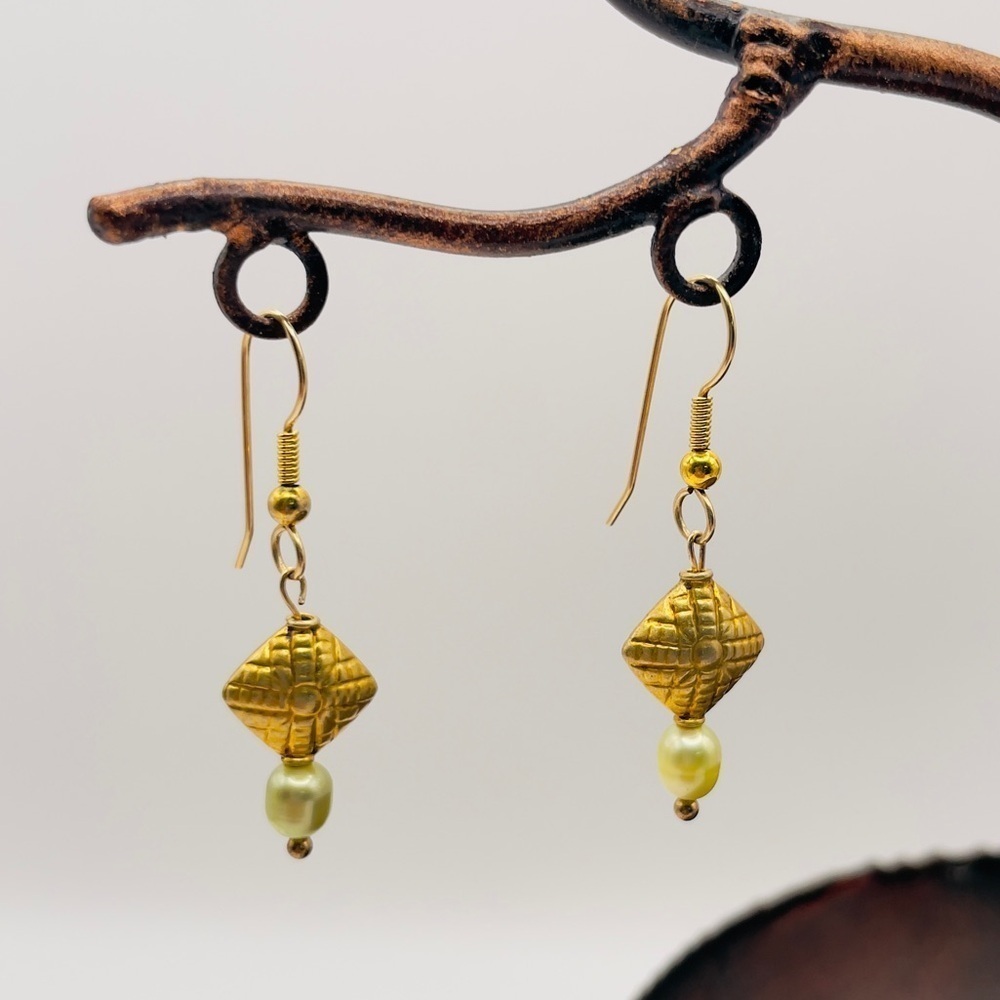 Handmade Gold Tone Geometric Bead & Freshwater Light Green Pearl Drop Earrings
